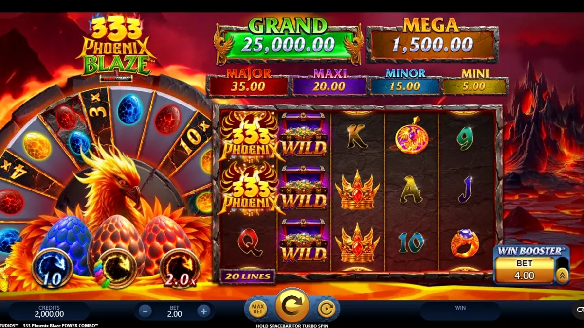 333 Phoenix Blaze Power Combo slot game screen na may temang bulkan at phoenix
